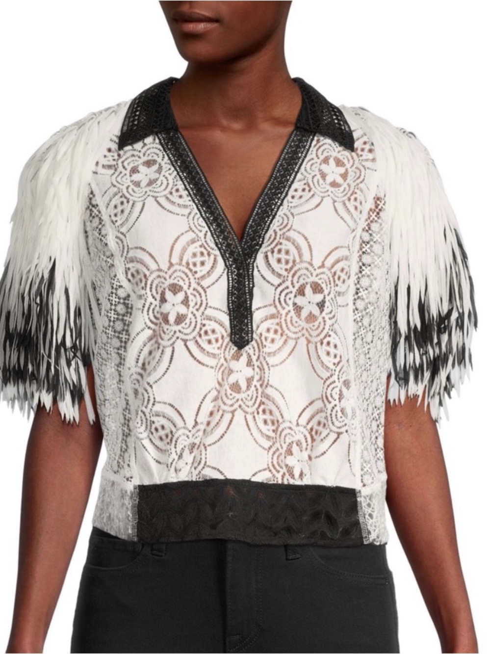 BYRON LARS ANTHROPOLOGIE White Lace Top Black Trim and Feathered Sleeves 8 NWTS
